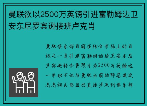 曼联欲以2500万英镑引进富勒姆边卫安东尼罗宾逊接班卢克肖