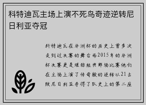 科特迪瓦主场上演不死鸟奇迹逆转尼日利亚夺冠